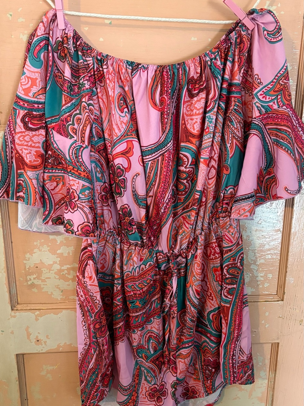 SHEIN Pink Paisley Off-Shoulder Romper with Teal & Red Accents